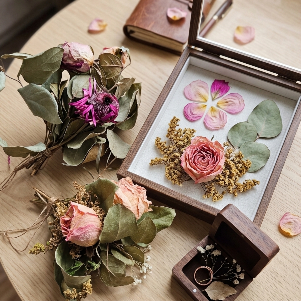 2x Elegant Pink Rose And Purple Dry Flower Bouquet With Greens